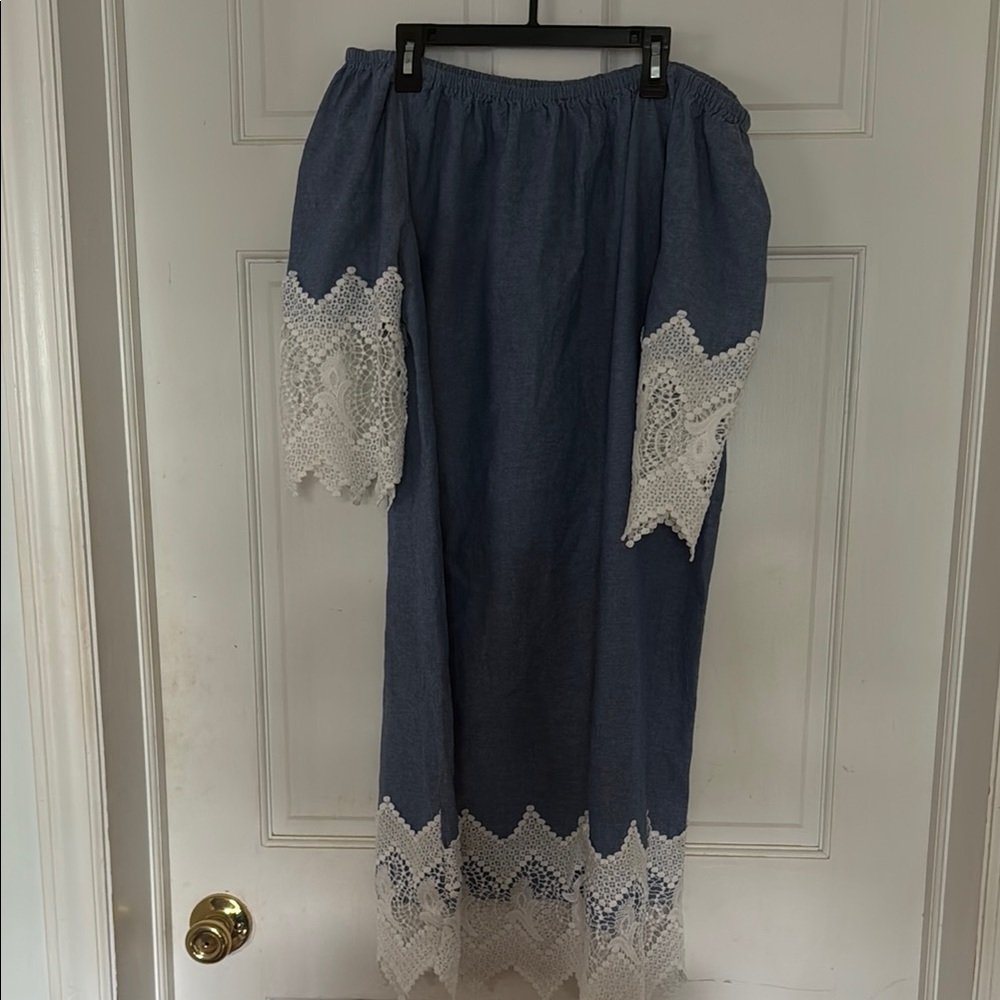 Blue and White Asymmetrical Dress with Lace Details